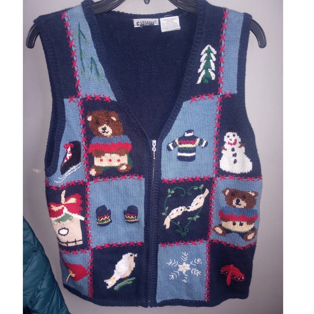Women's VTG Ugly Christmas Sweater Vest Pet. Large Teddy Bear Zip